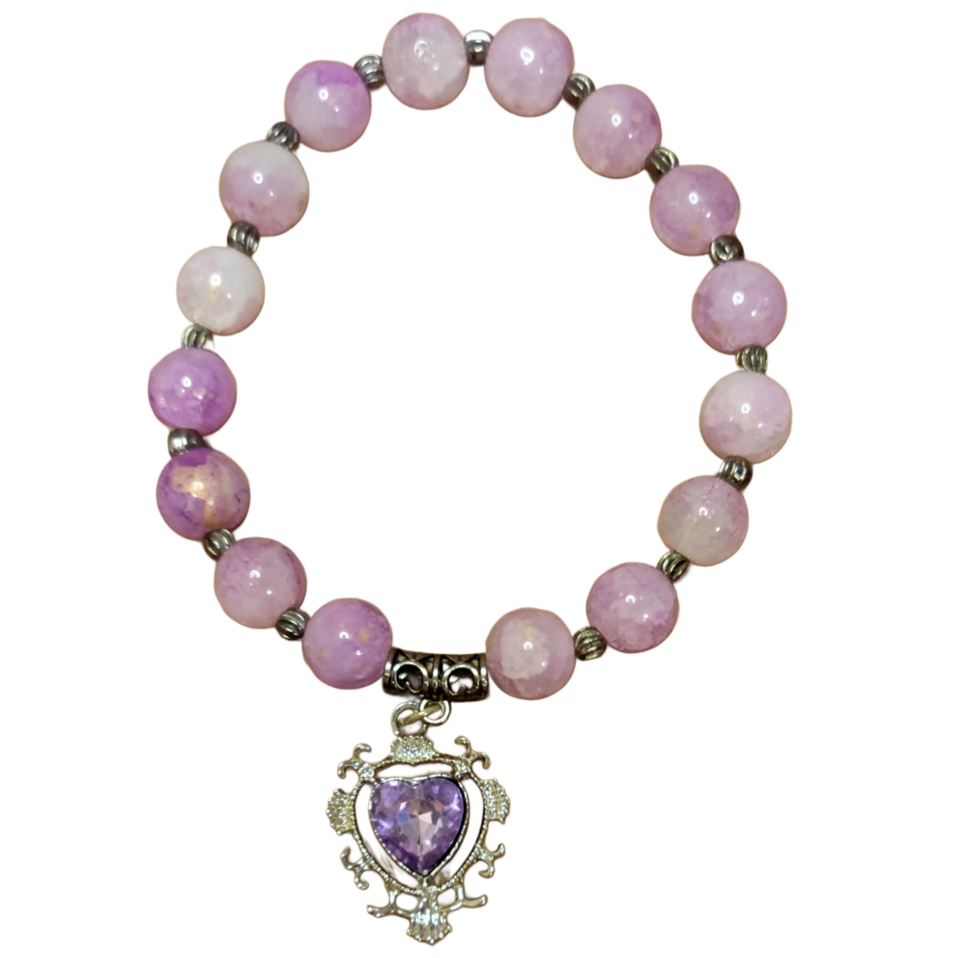Glass Bead Bracelet- Pink w/ Black Spacers & Large Purple Heart Pendent My DIY Crafts