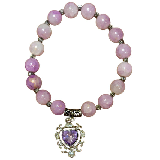 Glass Bead Bracelet- Pink w/ Black Spacers & Large Purple Heart Pendent My DIY Crafts