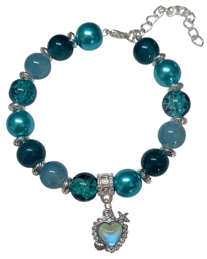 Glass Bead Bracelet- Adjustable - Teal w/ Heart Pendent My DIY Crafts