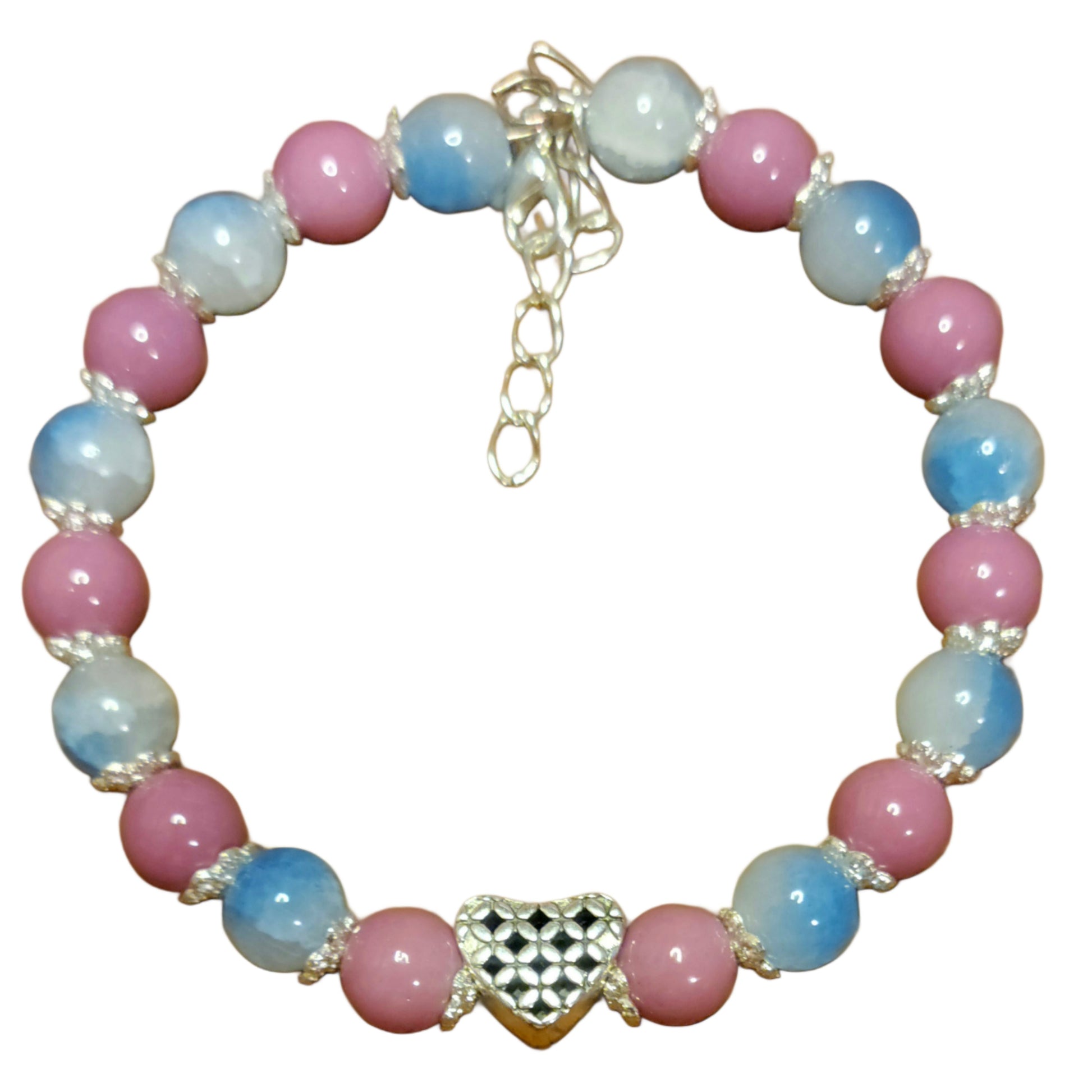 Glass Bead Bracelet- Adjustable Pink & Blue w/ Heart Charm My DIY Crafts