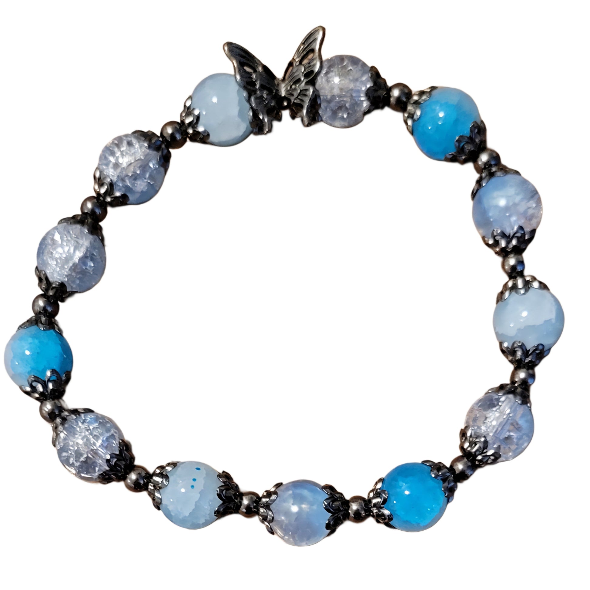 Glass Bead Bracelet- Blue w/ Black Spacers & Caps w/ Black Butterfly Charm My DIY Crafts
