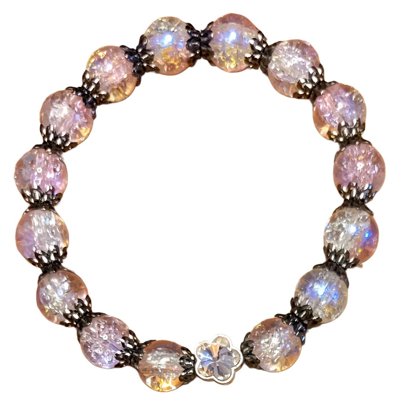Glass Bead Braclet- Light Pink w/ Black Caps & Flower Charm My DIY Crafts