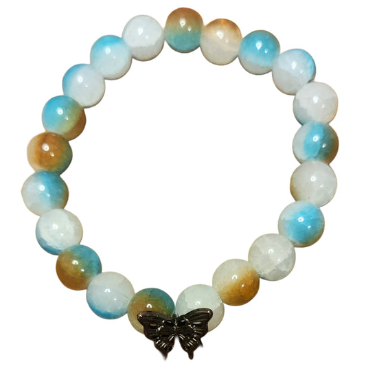 Glass Bead Bracelet- Lt Blue/Brown/White w/ Black Butterfly Charm My DIY Crafts