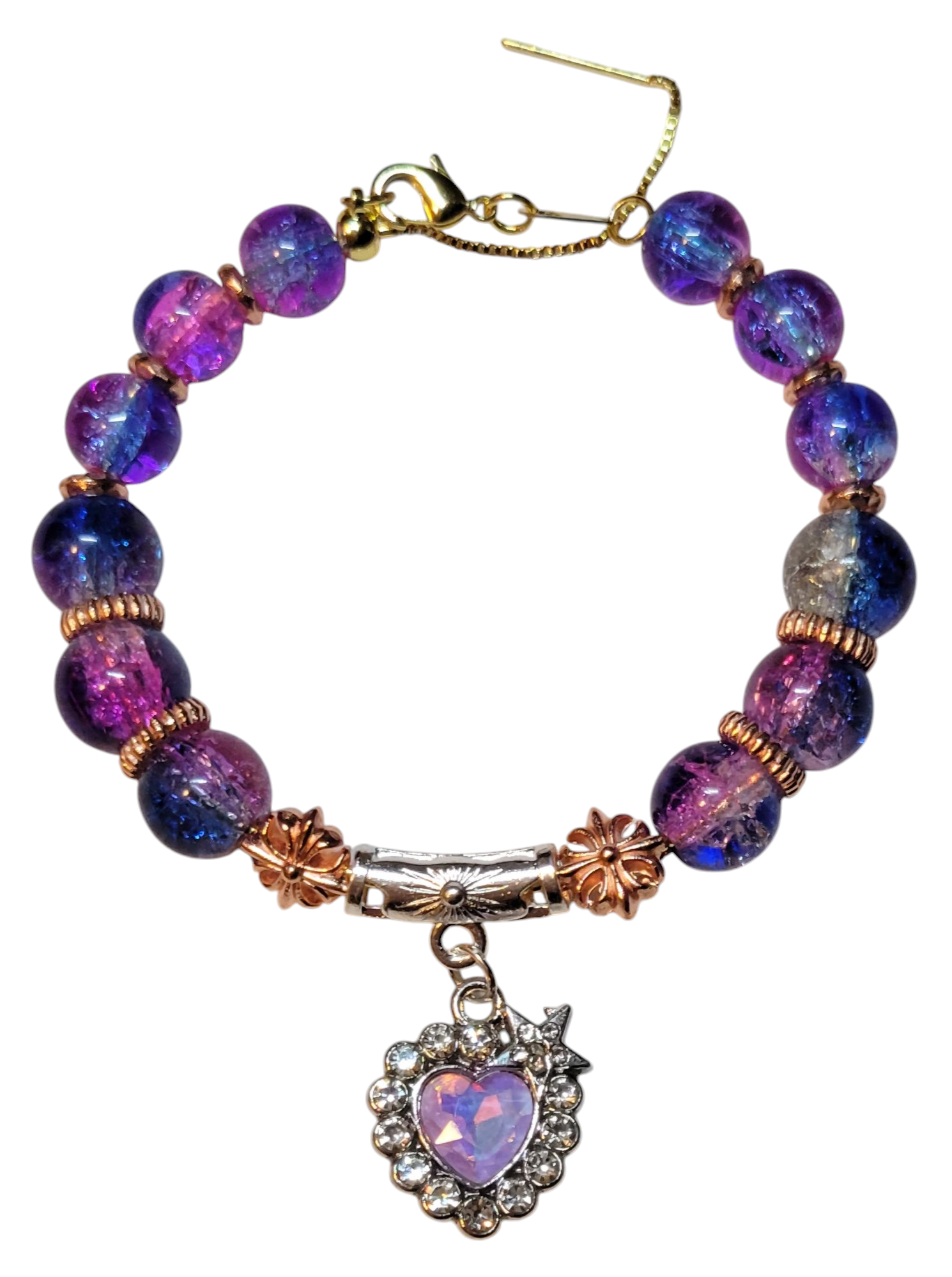 Glass Bead Bracelet- Adjustable Slide- Purple/Blue w/ Heart Pendent My DIY Crafts