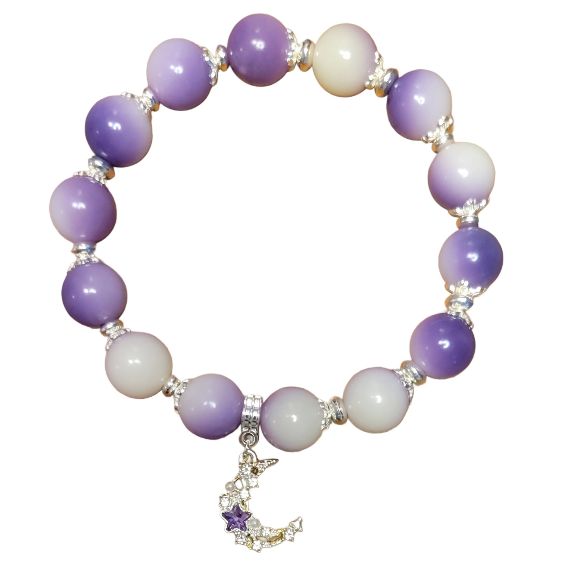 Bodhi Bracelet- Purple/White w/ Silver Spacers & Caps & Moon Pendent My DIY Crafts