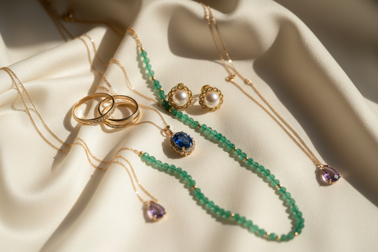 Gold jewelry on soft fabric