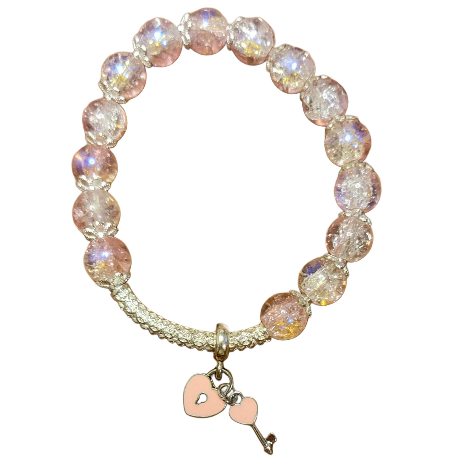 Glass Bead Bracelet- Pink w/ Silver Caps & Silver Bangle w/ Key/Lock Pendent My DIY Crafts