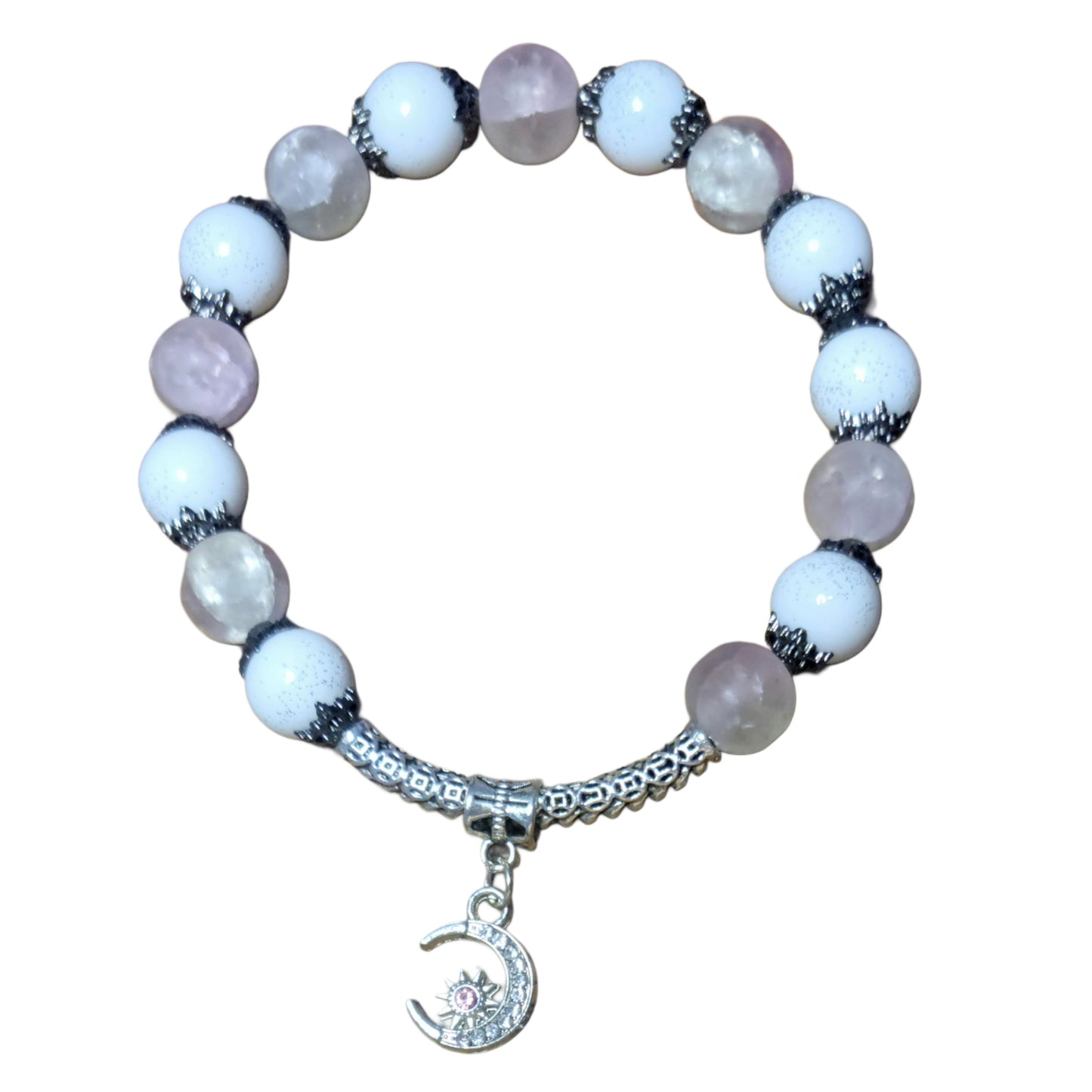 Glass Bead Bracelet- White & Matte Pink w/ Moon Pendent My DIY Crafts