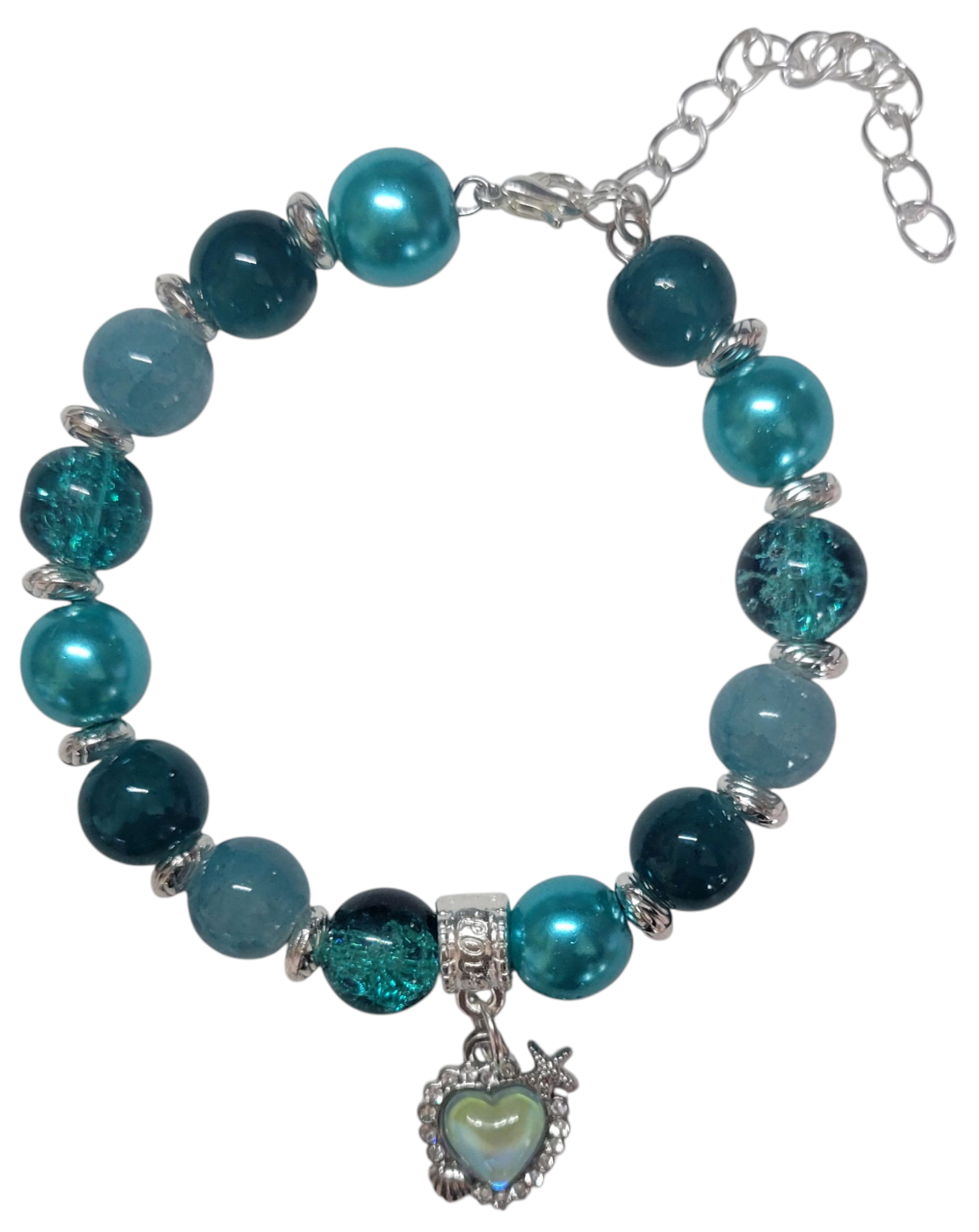 Glass Bead Bracelet- Adjustable - Teal w/ Heart Pendent My DIY Crafts