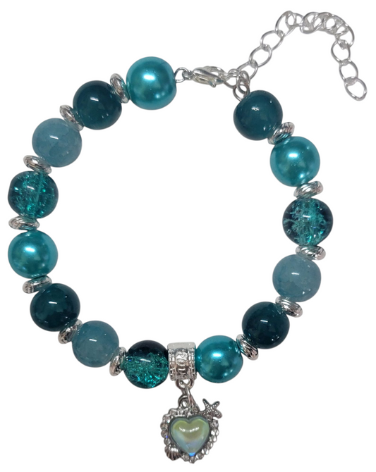 Glass Bead Bracelet- Adjustable - Teal w/ Heart Pendent My DIY Crafts