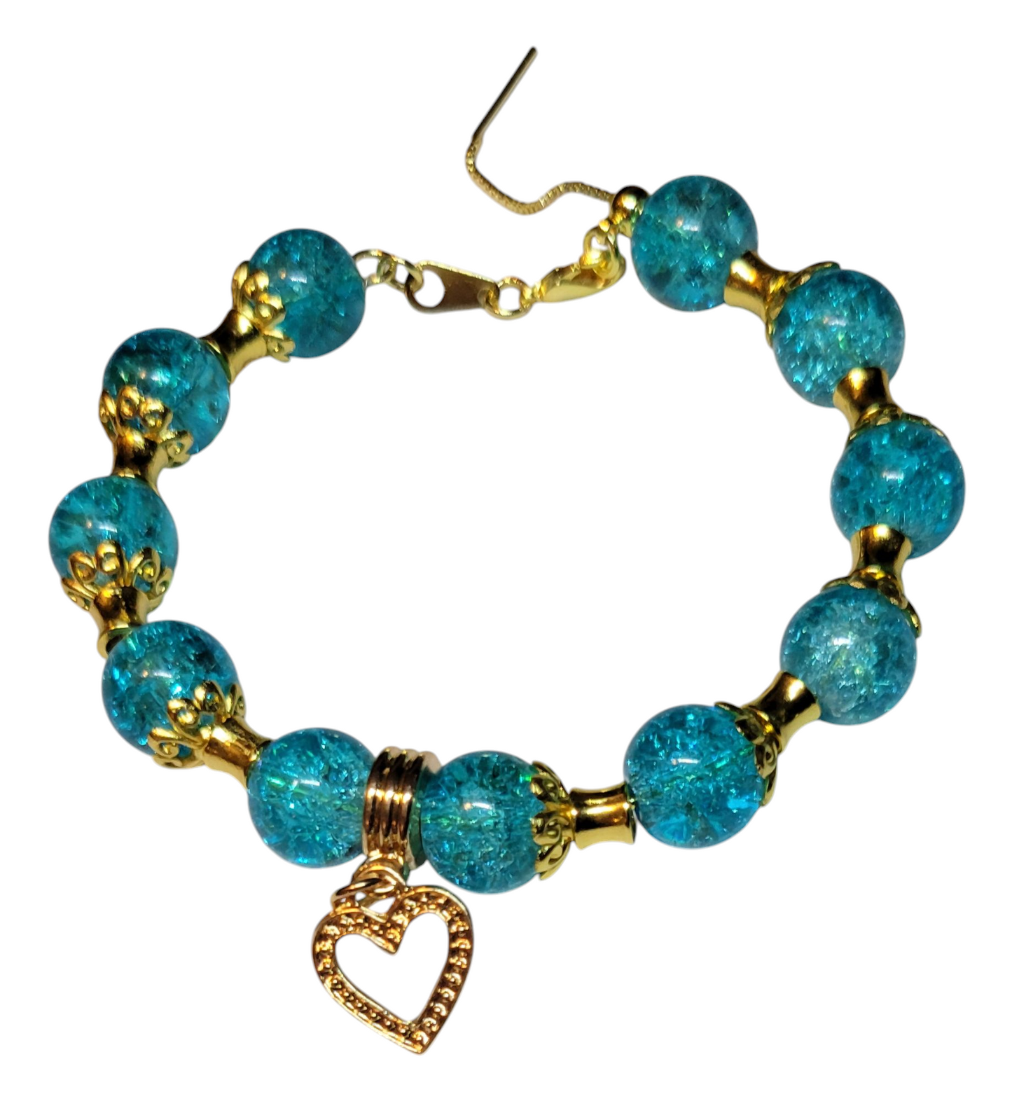 Glass Bead Bracelet- Adjustable Slide- Teal w/ Gold Spacers & Heart Pendent My DIY Crafts