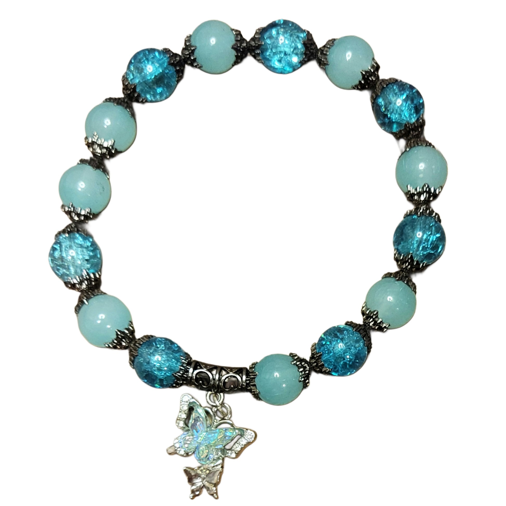 Glass Bead Bracelet- Blue w/ Black Caps & Butterfly Pendent My DIY Crafts