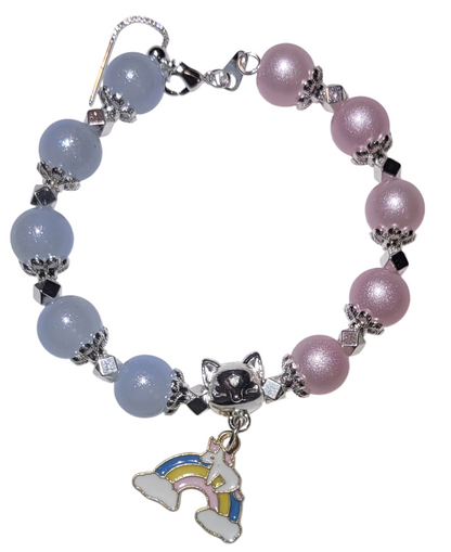 Glass Bead Bracelet- Adjustable Slide- Blue & Pink w/ Rainbow Pendent My DIY Crafts