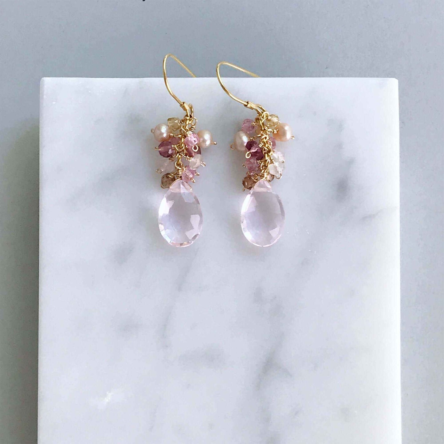 Rose Pink Bala Earrings with pale pink quartz gemstone and 14k gold plated sterling silver French hooks