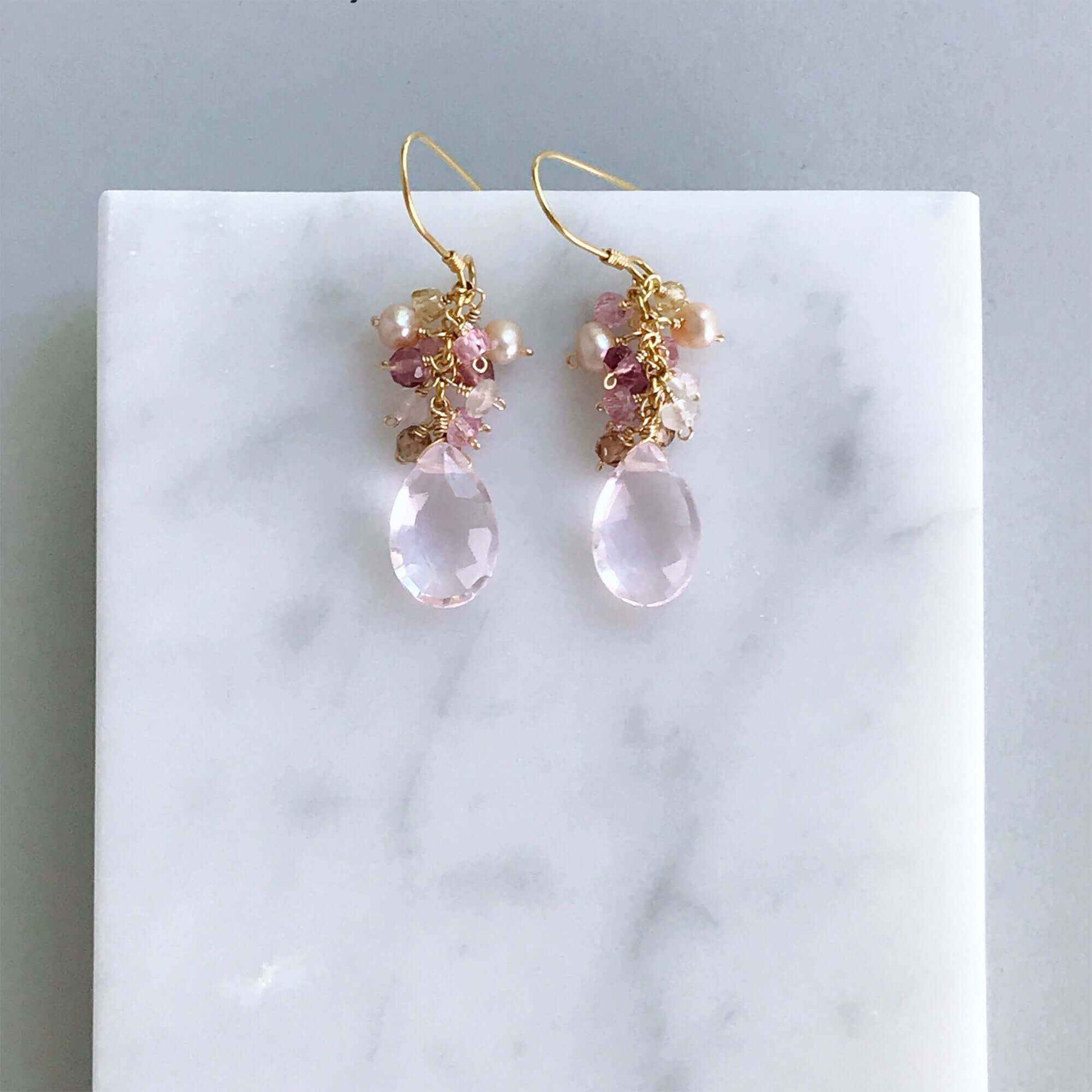 Rose Pink Bala Earrings with pale pink quartz gemstone and 14k gold plated sterling silver French hooks
