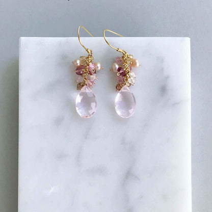 Rose Pink Bala Earrings with pale pink quartz gemstone and 14k gold plated sterling silver French hooks