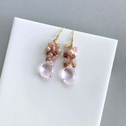 Rose Pink Bala Earrings with pale pink quartz gemstone and 14k gold plated sterling silver French hooks