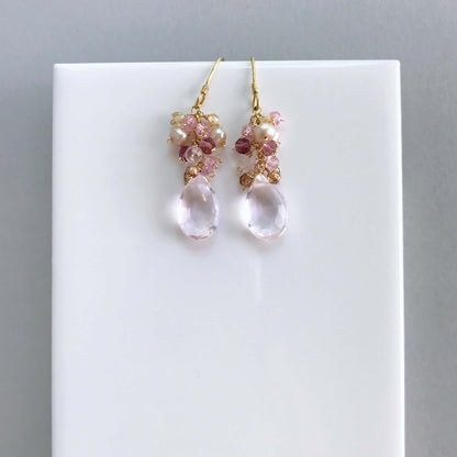 Rose Pink Bala Earrings with pale pink quartz, 1.5" long, 14k gold plated sterling silver, French hooks, handmade in NYC studio