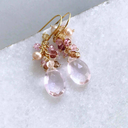 Rose Pink Bala Earrings with pale pink quartz stone and 14k gold plated sterling silver French hooks