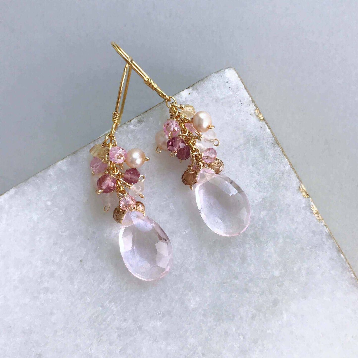 Rose Pink Bala Earrings with pale pink clear quartz gemstones and 14k gold plated sterling silver French hooks