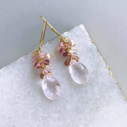 Rose Pink Bala Earrings with pale pink clear quartz gemstones and 14k gold plated sterling silver French hooks