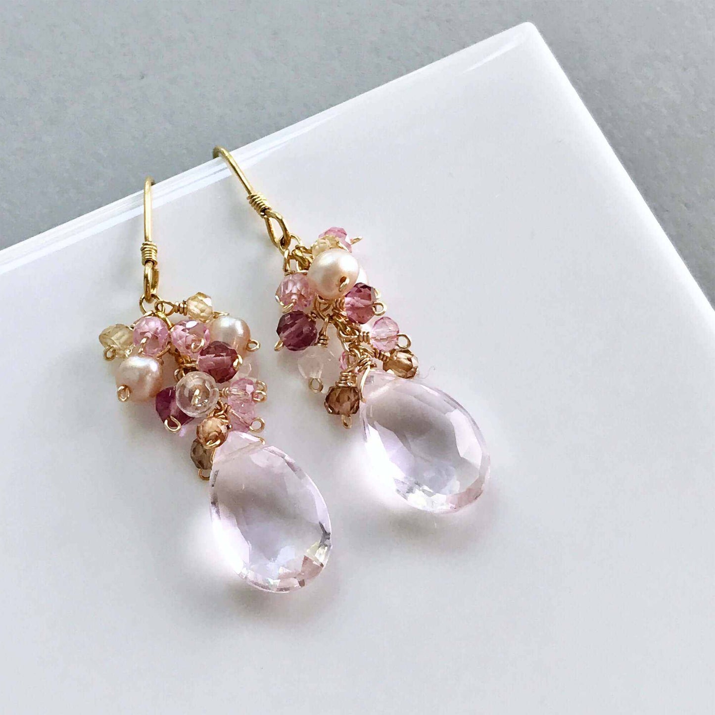 Rose Pink Bala Earrings with pale pink quartz gemstone and 14k gold plated sterling silver French hooks