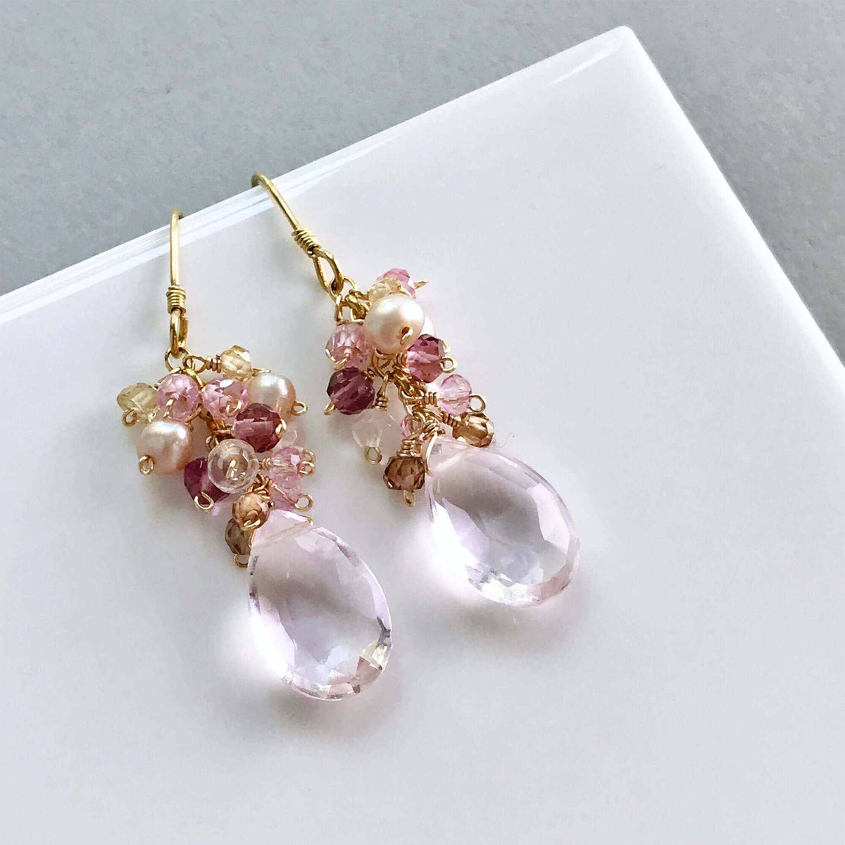 Rose Pink Bala Earrings with pale pink quartz gemstone and 14k gold plated sterling silver French hooks