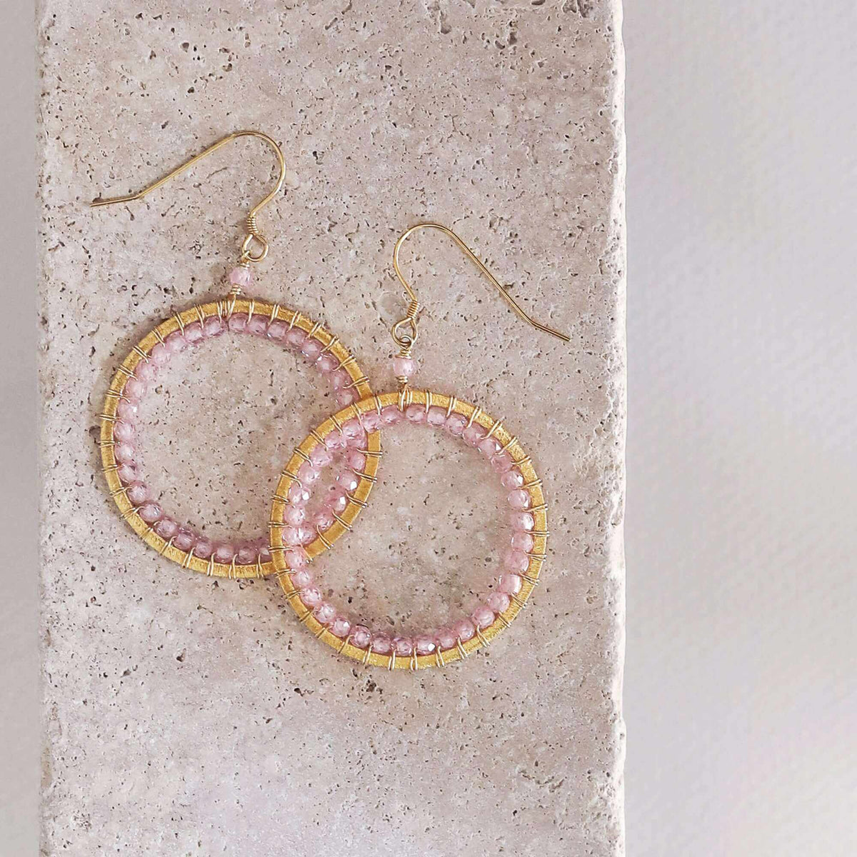 Rose Quartz Halo Earrings with 14k gold plated silver and French hooks in bespoke gift box