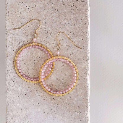 Rose Quartz Halo Earrings with 14k gold plated silver and French hooks in bespoke gift box