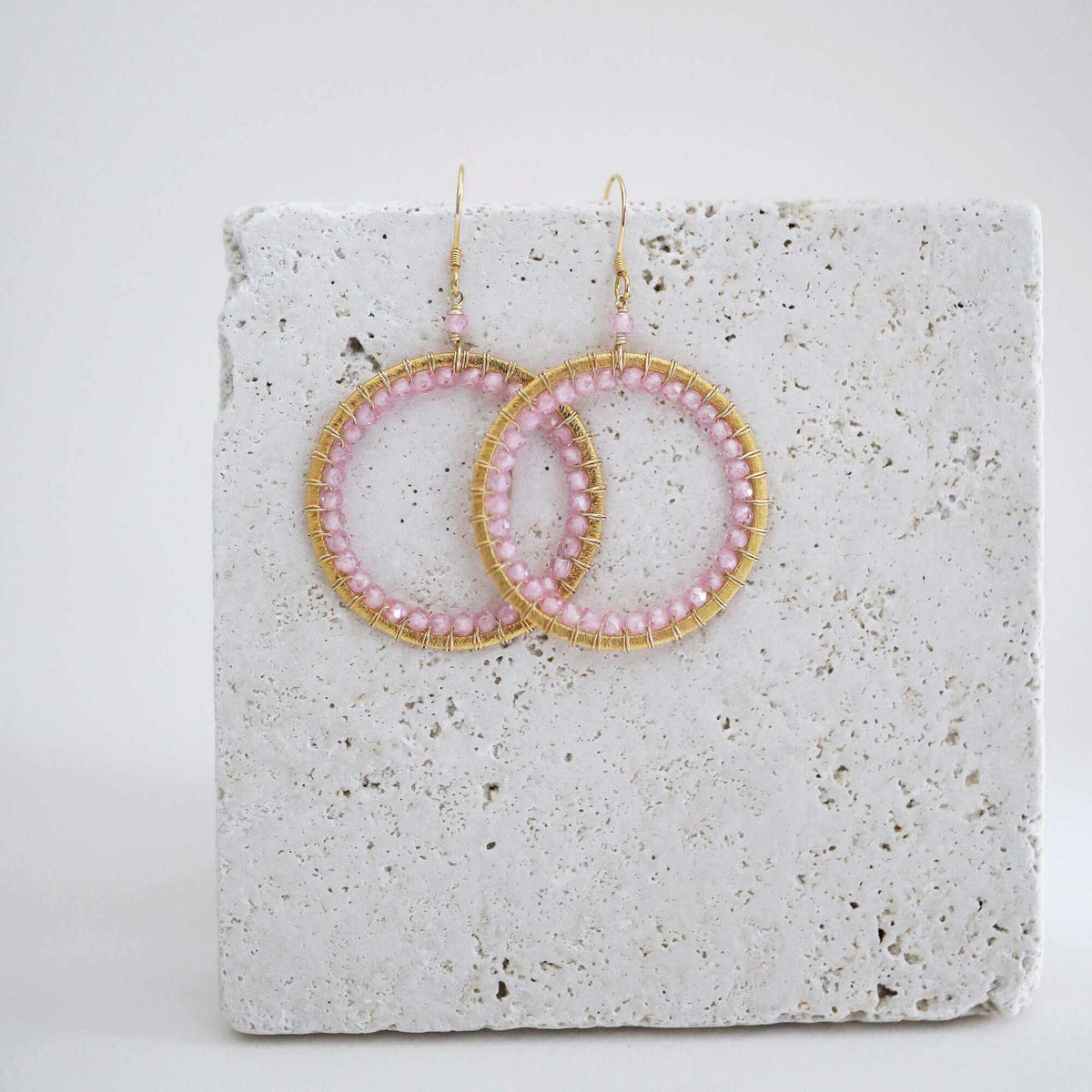 Rose Quartz Halo Earrings 14k gold plated 925 silver lightweight sparkle jewelry French hooks