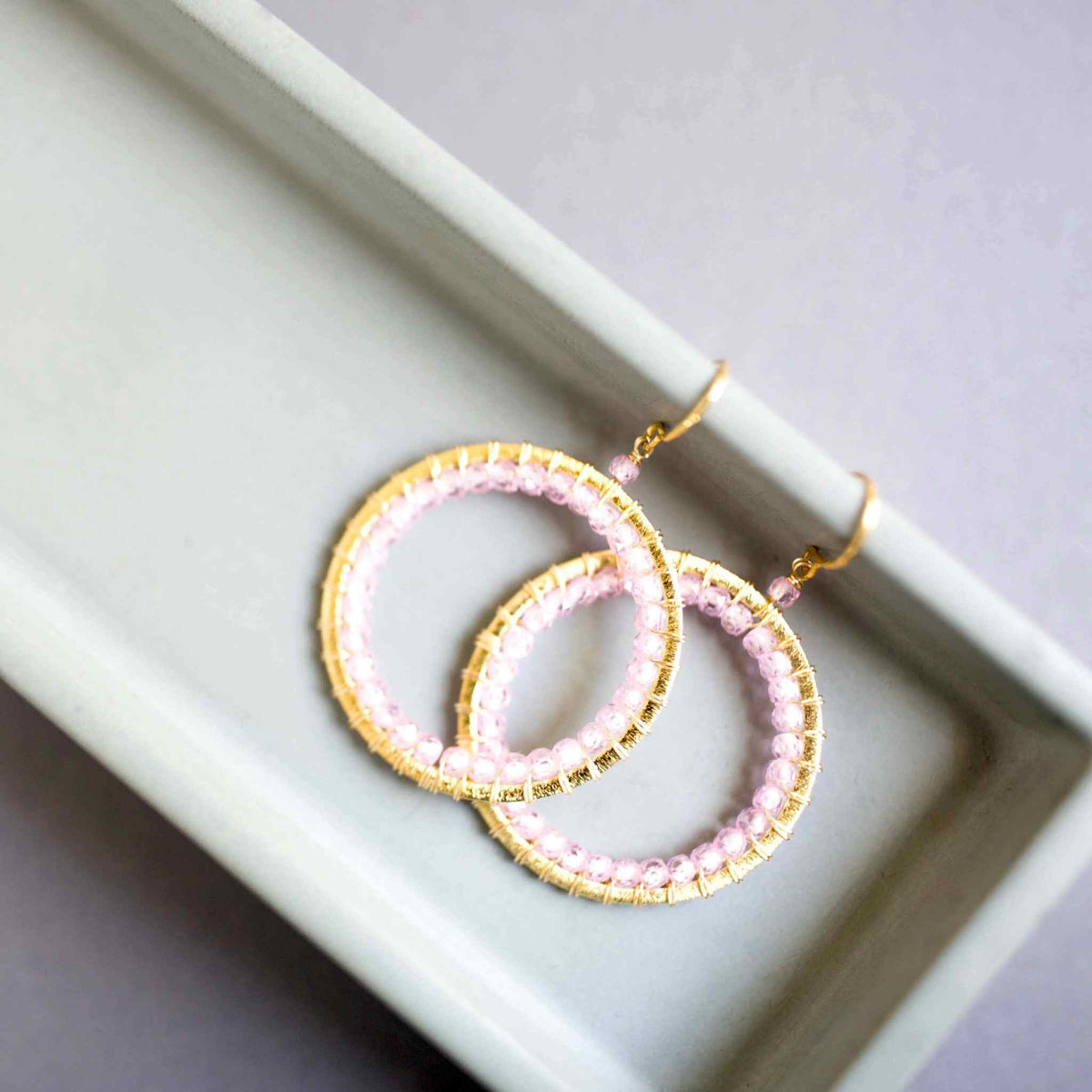 Rose Quartz Halo Earrings 14k gold plated silver lightweight French hook hoops in bespoke box
