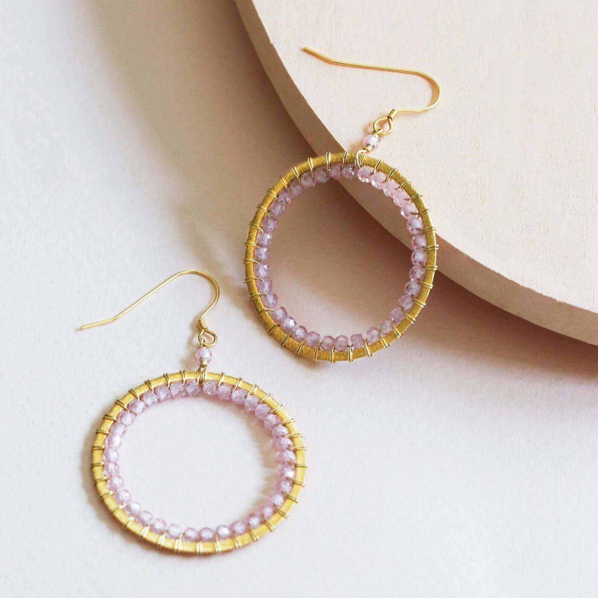Rose Quartz Halo Earrings 14k gold plated delicate hoops with pink quartz stones