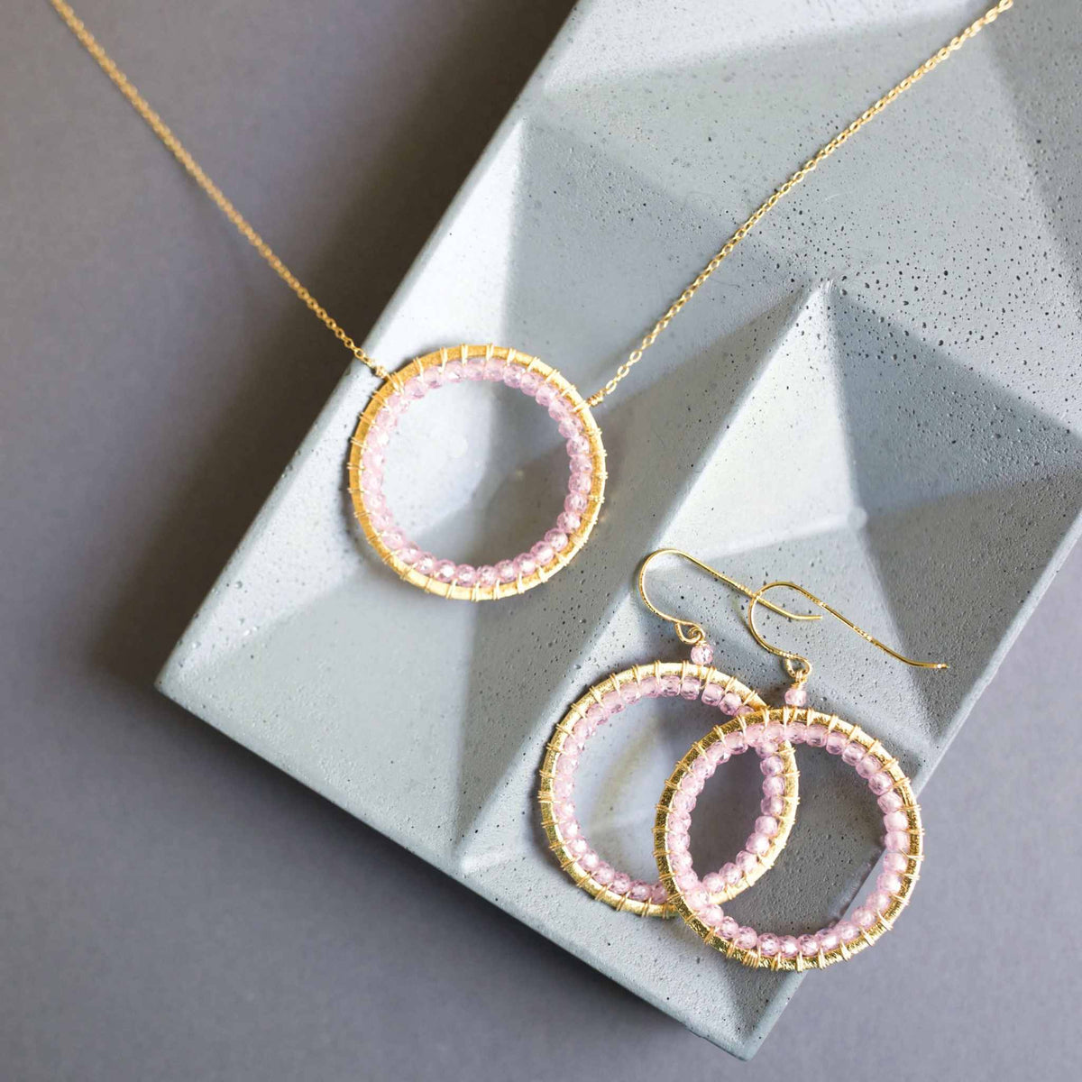 Rose Quartz Halo Necklace with sparkling quartz gems and 14k gold plated silver chain