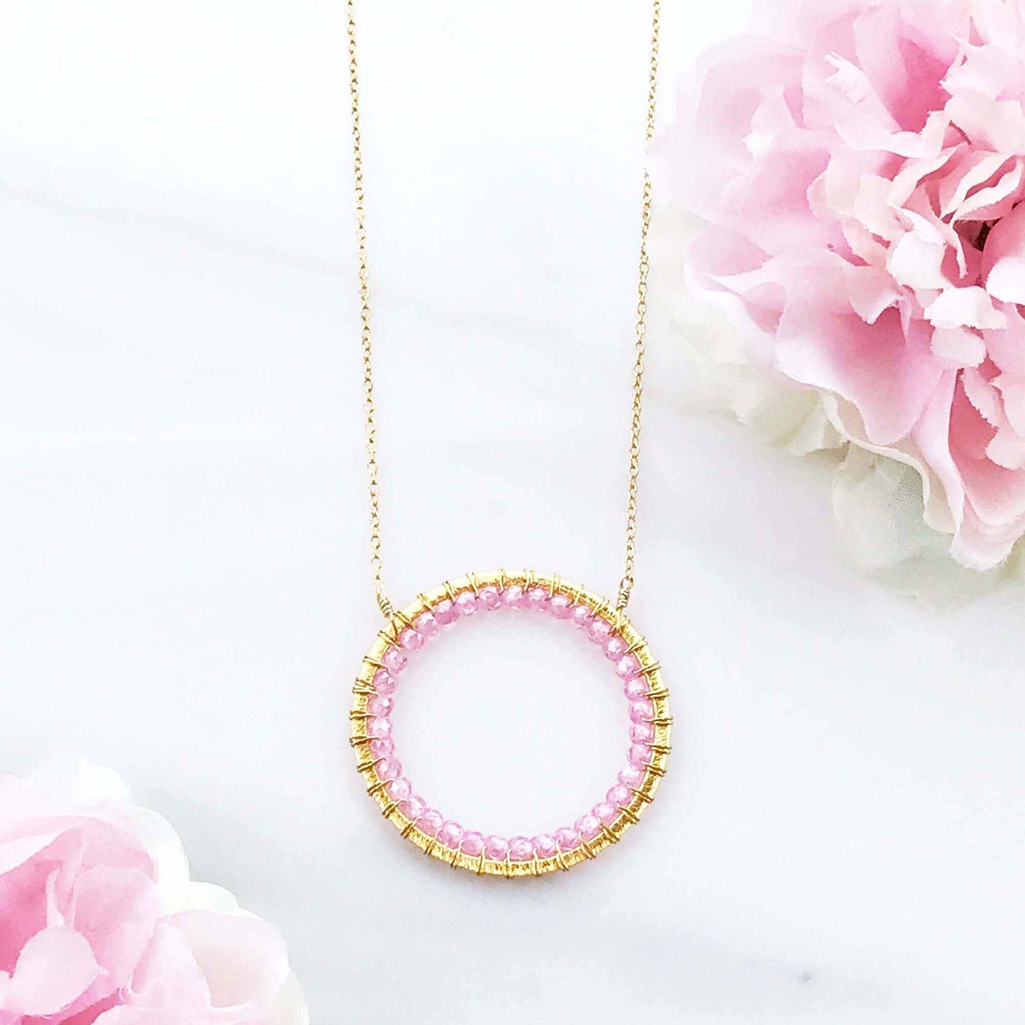 Rose Quartz Halo Necklace with 14k gold plated chain and floating pendant design