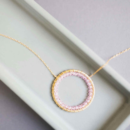 Rose Quartz Halo Necklace with sparkling gems and 14k gold plated adjustable chain in bespoke gift box