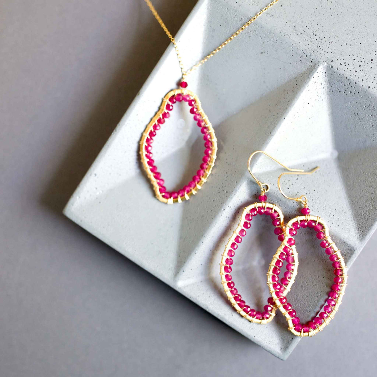 Ruby red quartz freestyle earrings with 14k gold plated sterling silver and French hooks