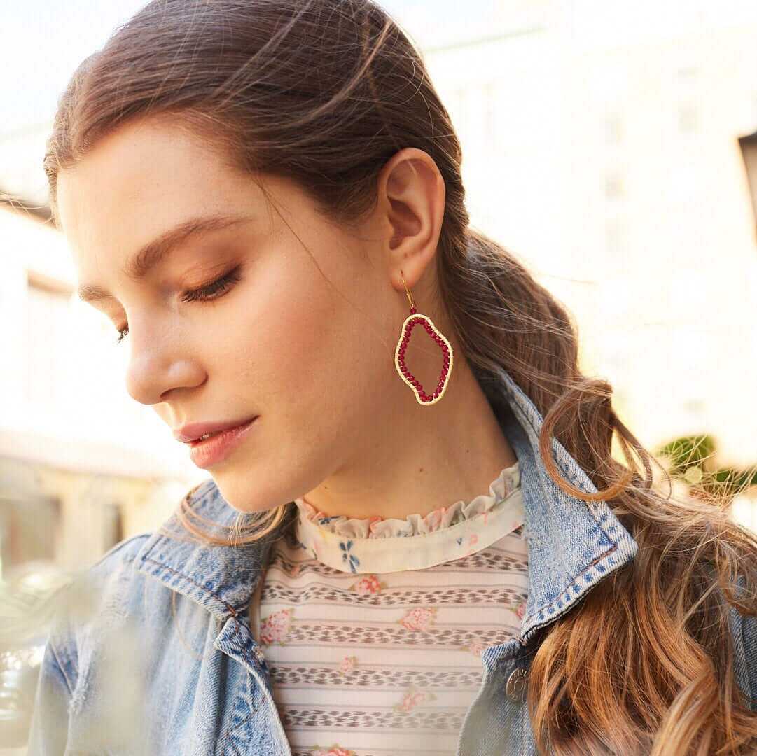 Ruby red quartz freestyle earrings with 14k gold plated sterling silver and French hooks