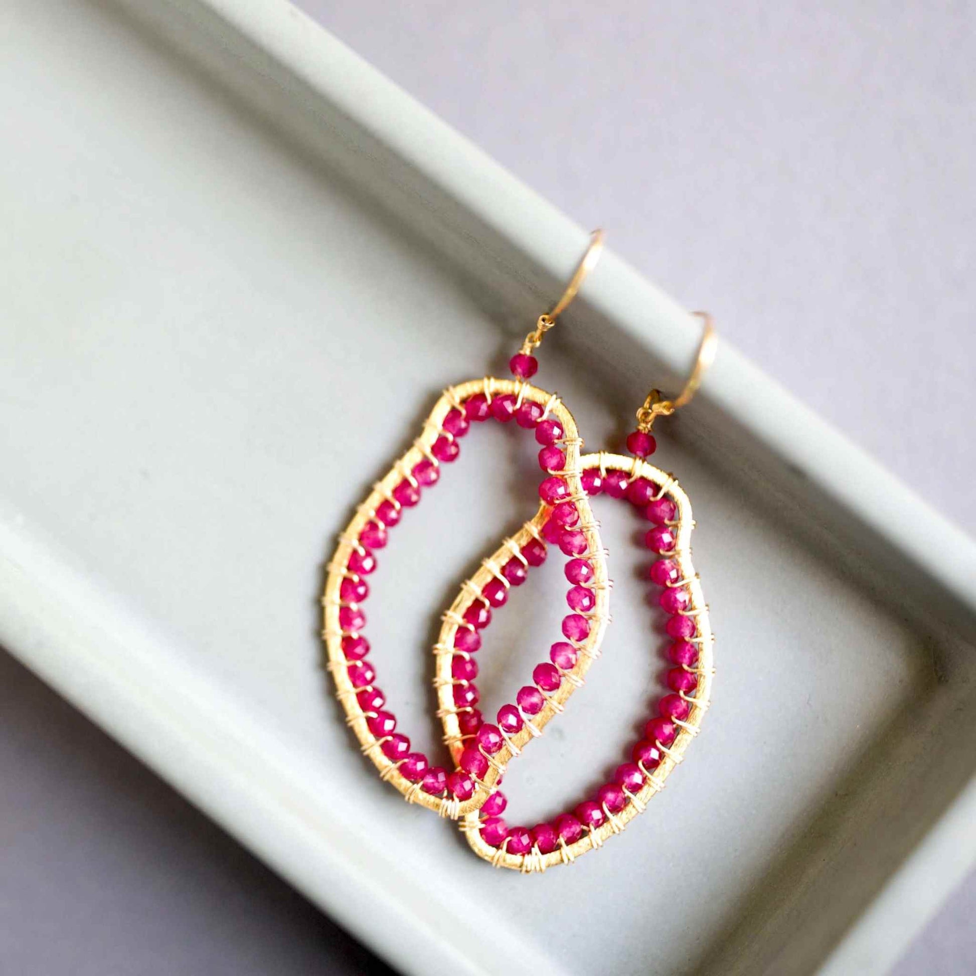 Ruby Red Quartz Freestyle earrings with unique shapes and 14k gold plated sterling silver French hooks