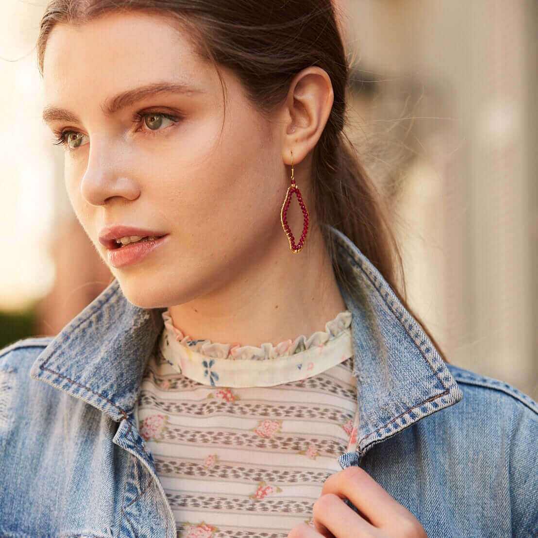 Ruby Red Quartz Freestyle Earrings with 14k gold plated sterling silver and French hooks, 2.5 inches long