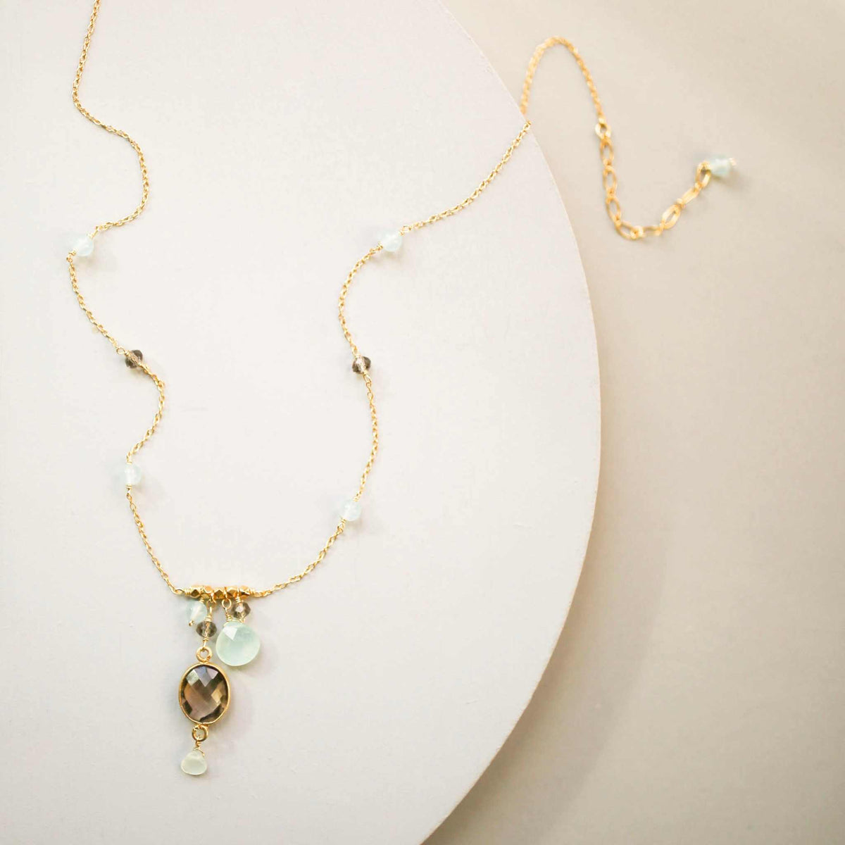 Smoky Quartz Bezel Necklace with gold chain and aqua chalcedony accents