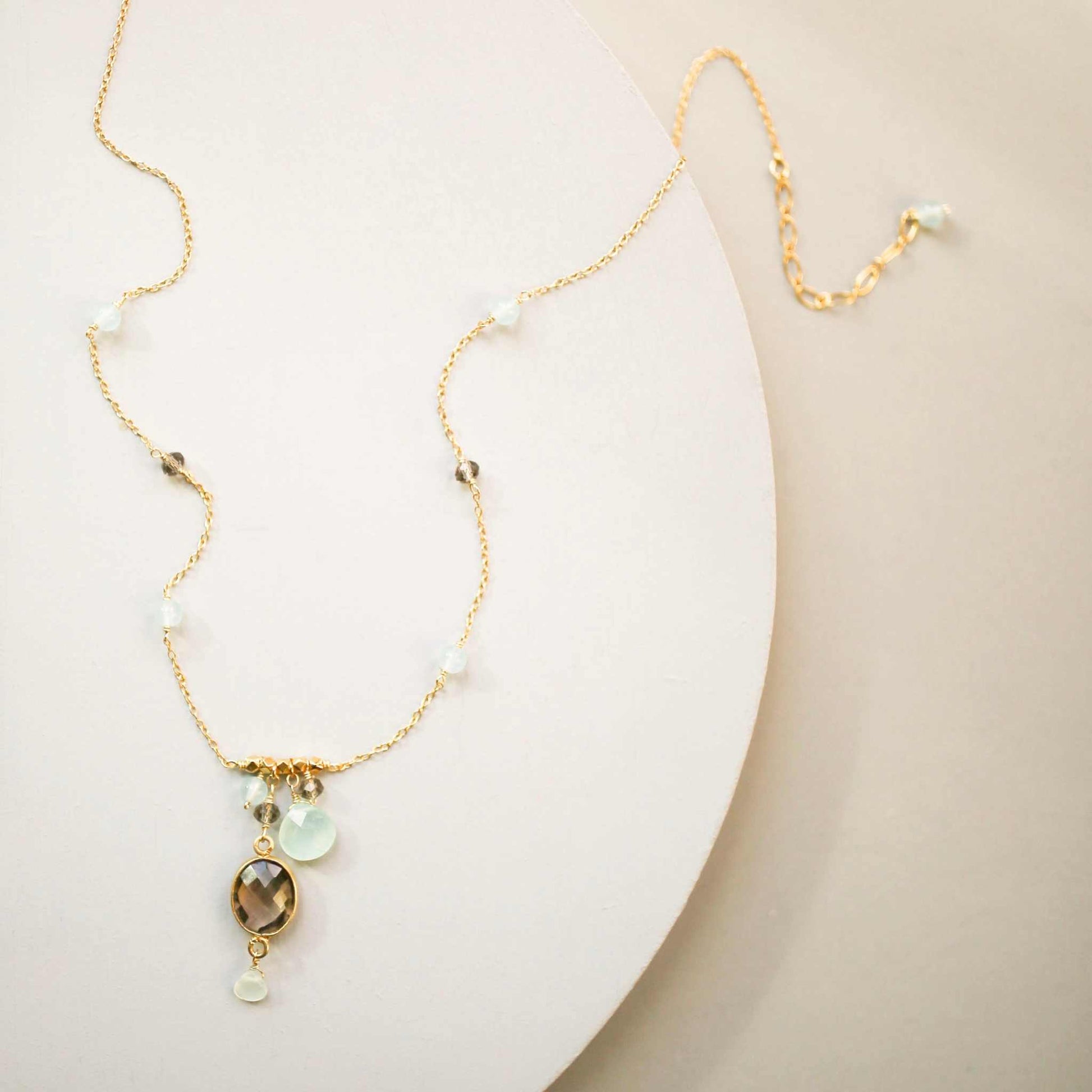 Smoky Quartz Bezel Necklace with gold chain and aqua chalcedony accents