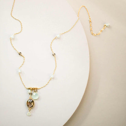 Smoky Quartz Bezel Necklace with gold chain and aqua chalcedony accents