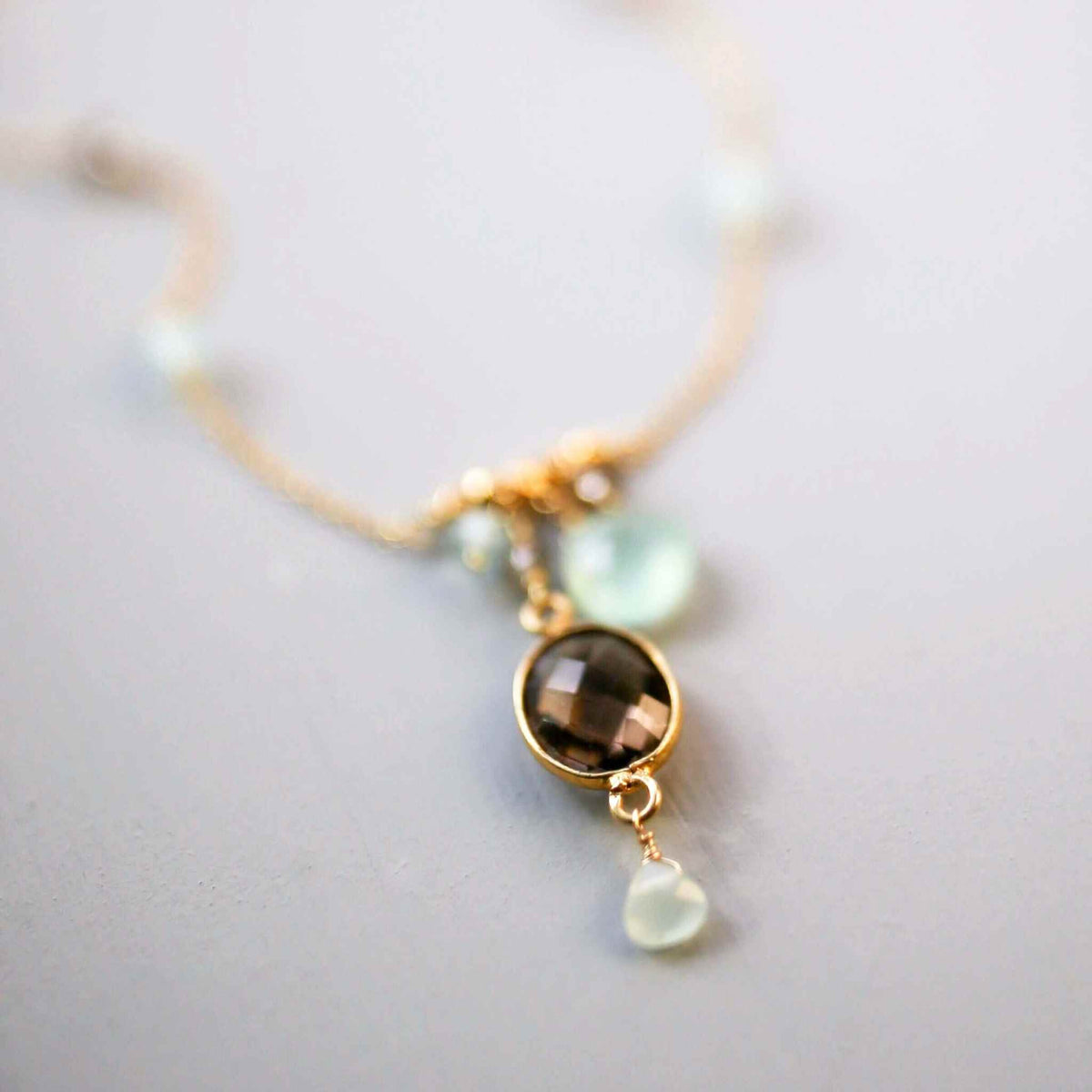Smoky quartz bezel necklace with aqua chalcedony stones on a delicate 14k gold plated sterling silver chain