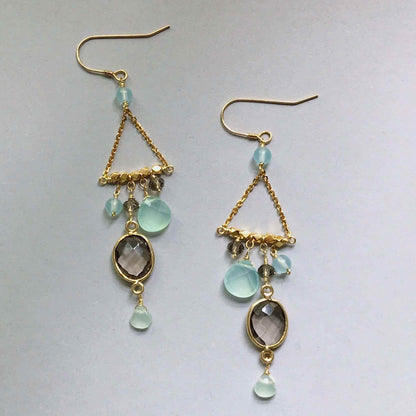 Smoky Quartz chandie earrings with bezel set smoky quartz and aqua chalcedony stones, 14k gold plated sterling silver, 3-inch long chandelier style