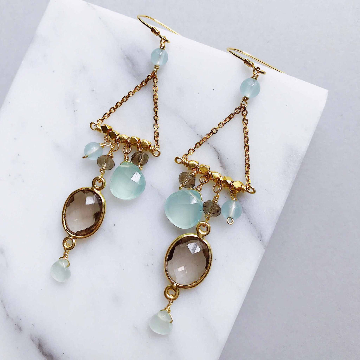 Smoky Quartz Chandie Earrings with bezel set smoky quartz and aqua chalcedony stones on 14k gold plated sterling silver French hooks