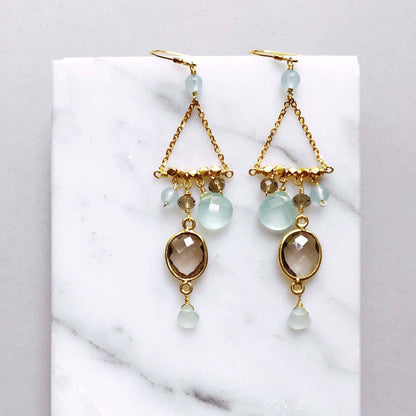 Smoky Quartz Chandie Earrings with bezel set smoky quartz and faceted aqua chalcedony on 14k gold plated sterling silver French hooks