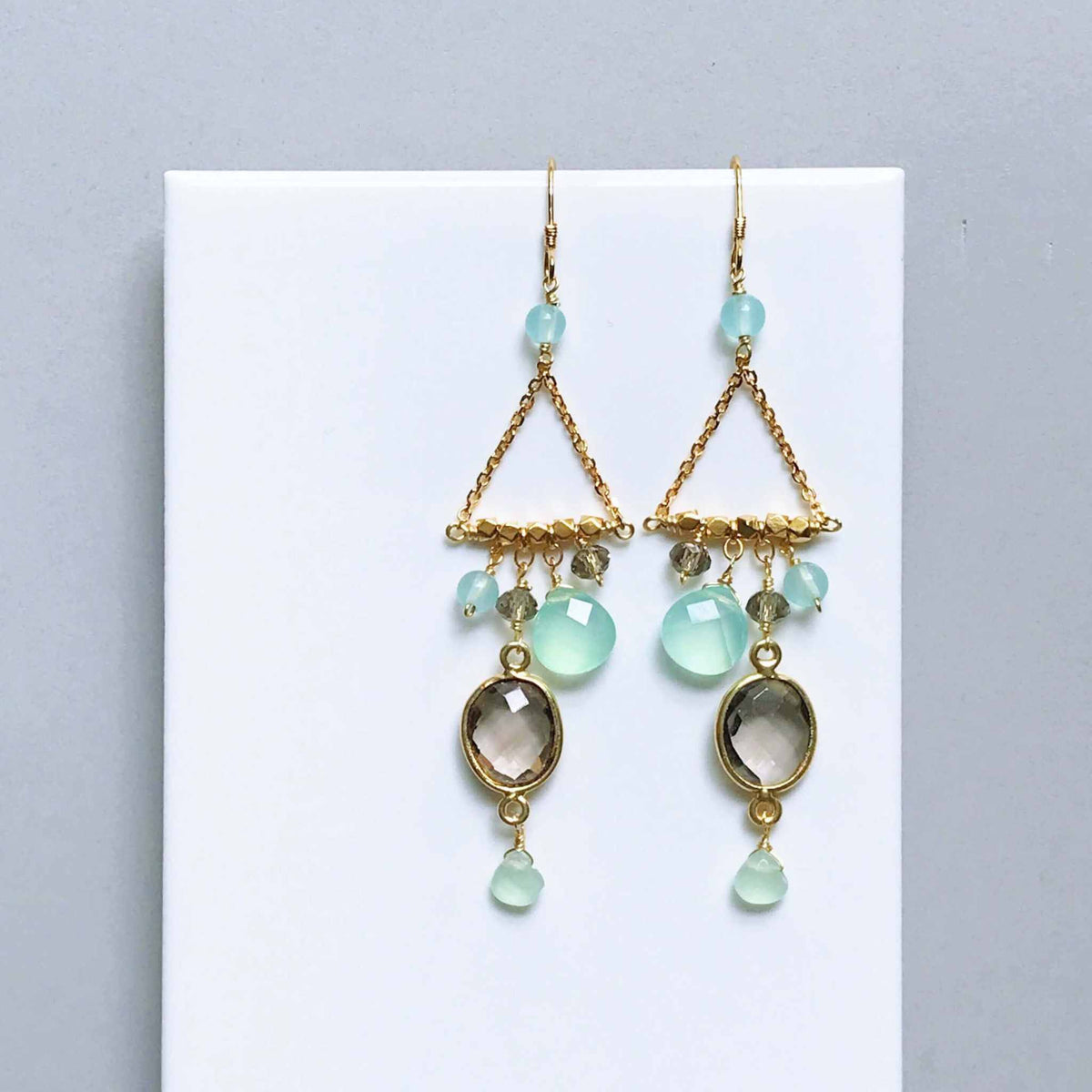 Smoky Quartz Chandie Earrings with bezel set gemstones and aqua chalcedony accents on gold plated sterling silver