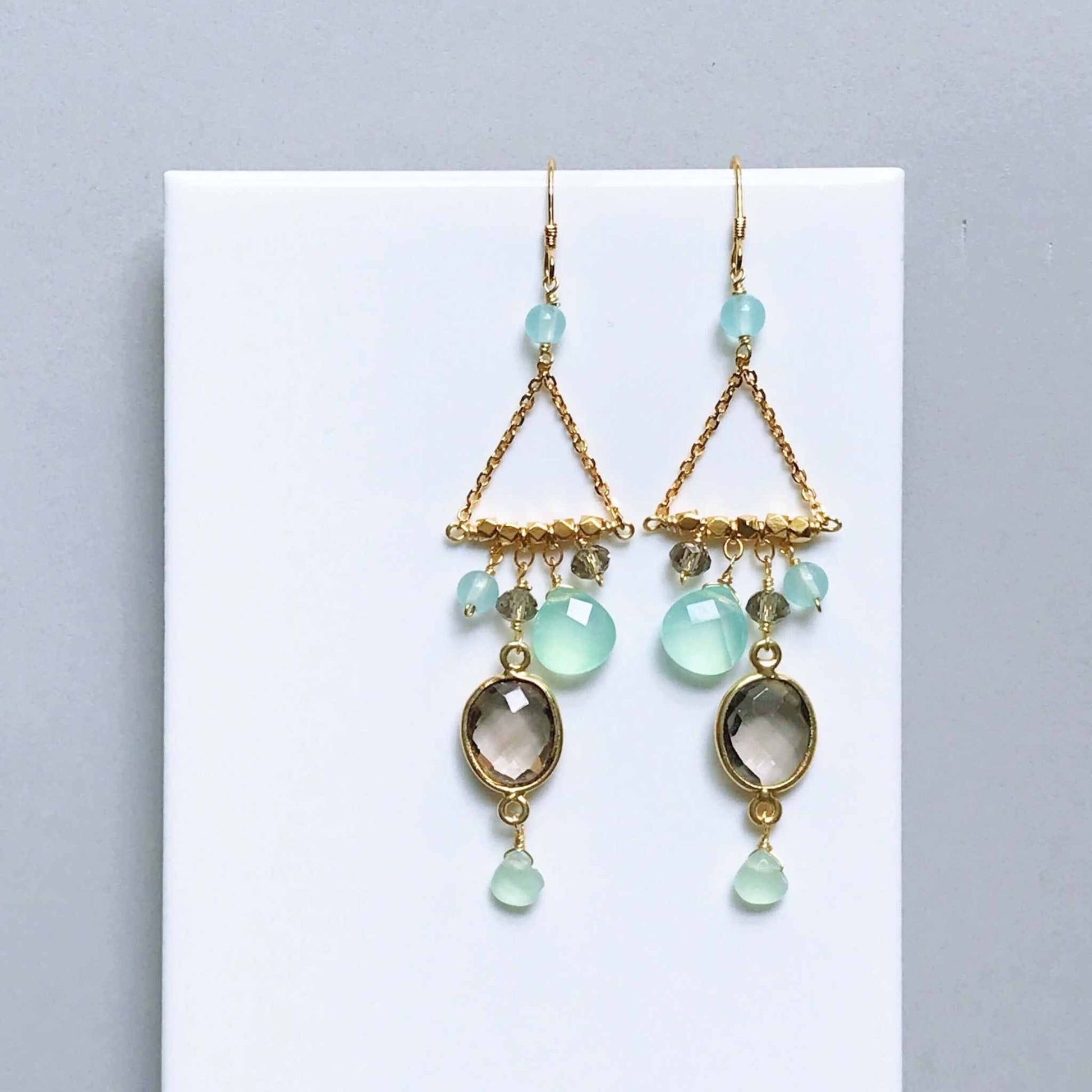Smoky Quartz Chandie Earrings with bezel set gemstones and aqua chalcedony accents on gold plated sterling silver