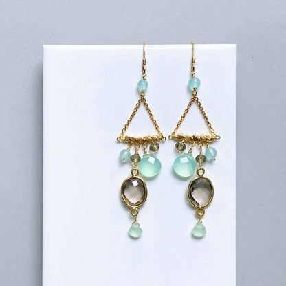 Smoky Quartz Chandie Earrings with bezel set gemstones and aqua chalcedony accents on gold plated sterling silver