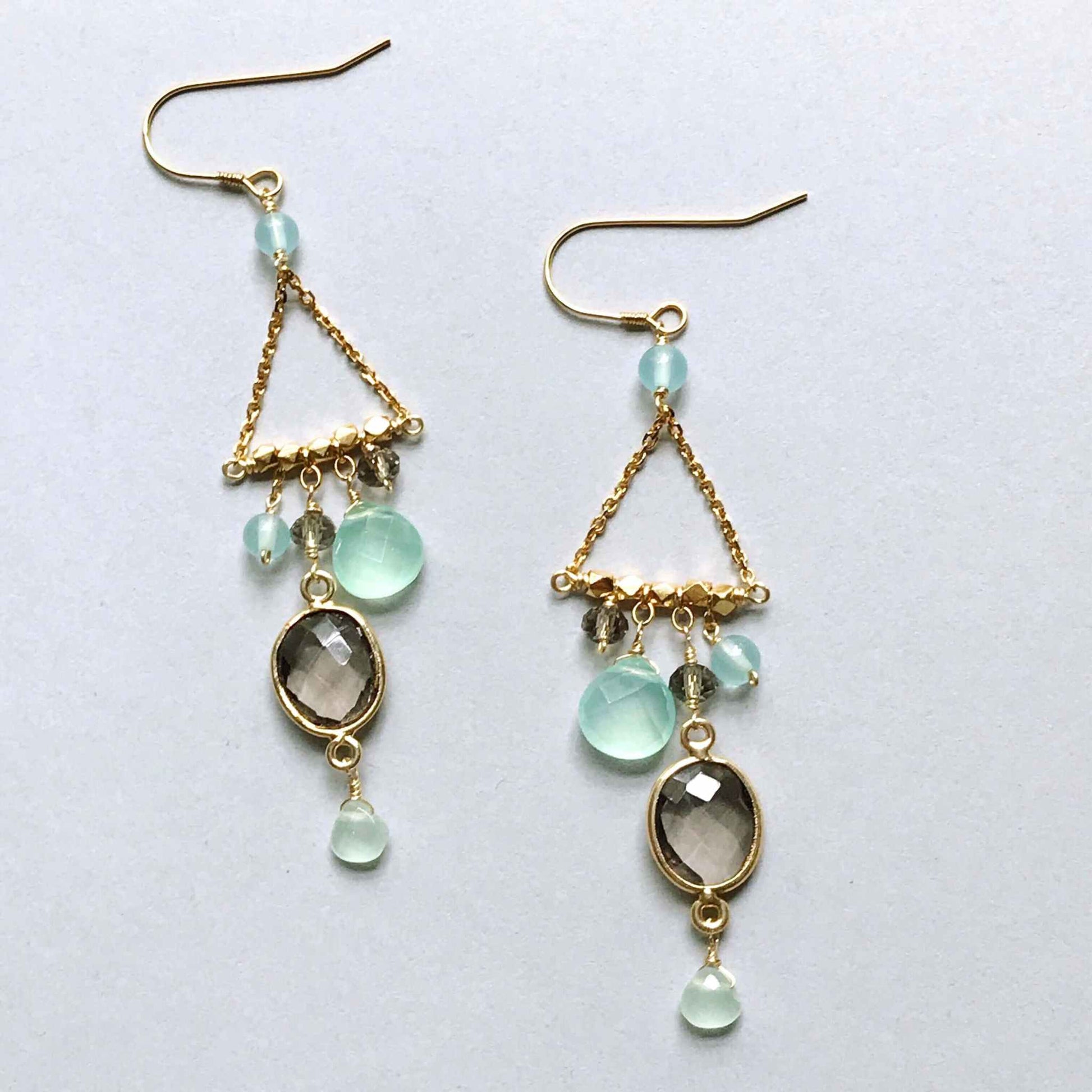 Smoky Quartz Chandie Earrings with faceted aqua chalcedony gemstones and 14k gold plated sterling silver